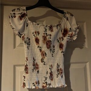 Smocked Puff Sleeve Floral Blouse - White with Brown Floral